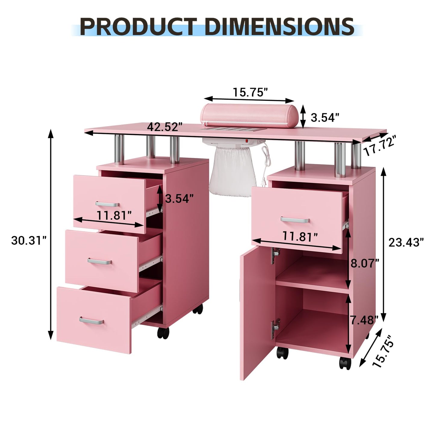 PeacefulHues Manicure Table Nail Desk, Nail Station with Electric Dust Collector, Wrist Rest and Storage Drawers Cabinet, Beauty Salon Workstation for Nail Tech, Pink