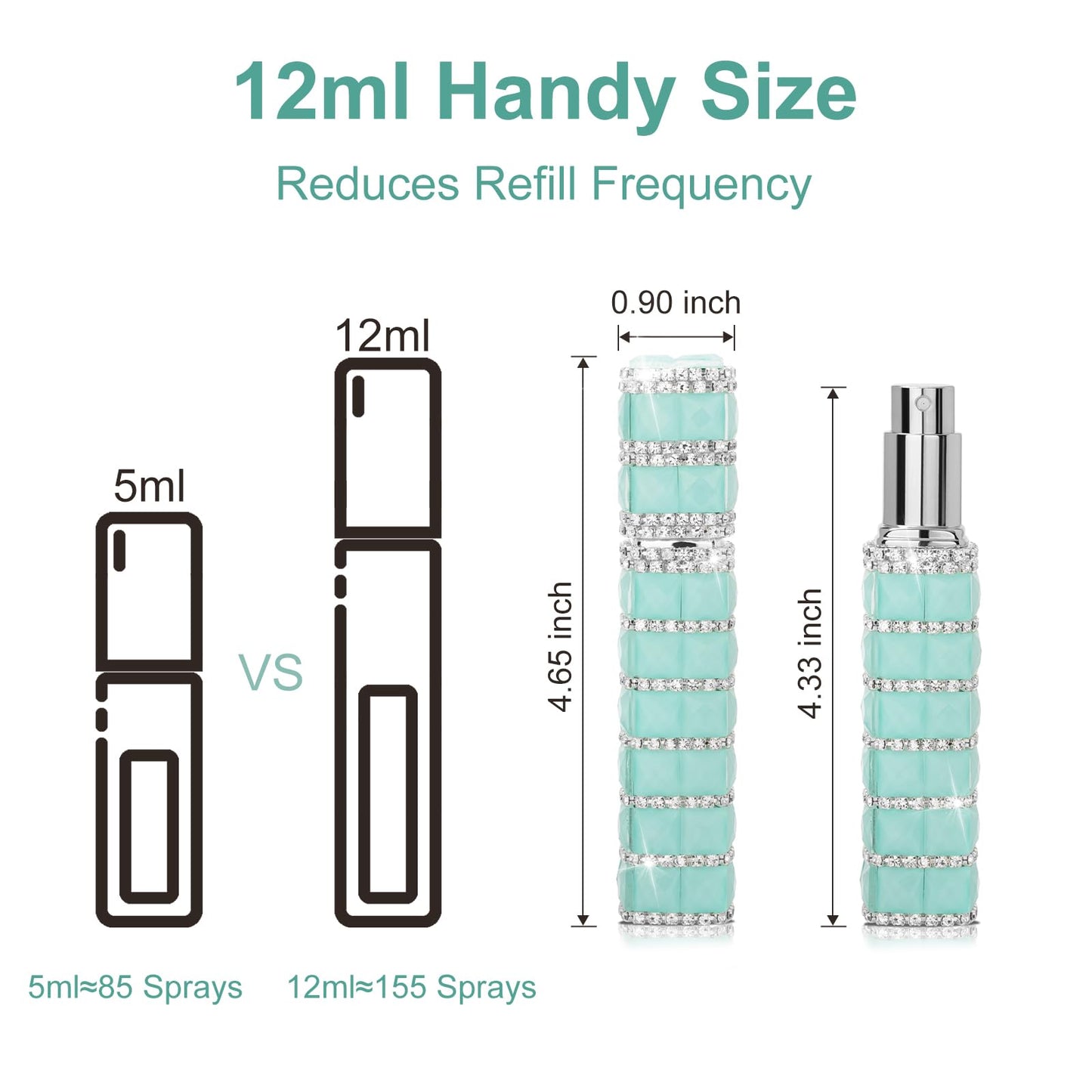 TTOYOUU Travel Perfume Atomizer Refillable Bottle, 12ml Rhinestone Mini Perfume Bottles Empty Refillable Travel Atomizer Sprayer with Funnel (Light Green)