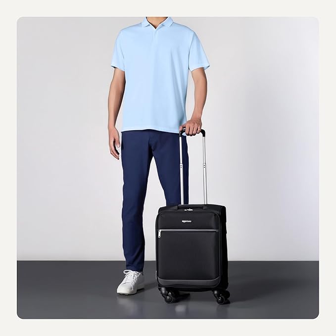 Amazon Basics Luggage, 18" Medium Carry-On Softside Suitcase With Wheels, With Four 360-Degree Multi-directional Spinner Wheels, Expandable Space, ZipperedPocket and Straps, Telescopic Handle, Black