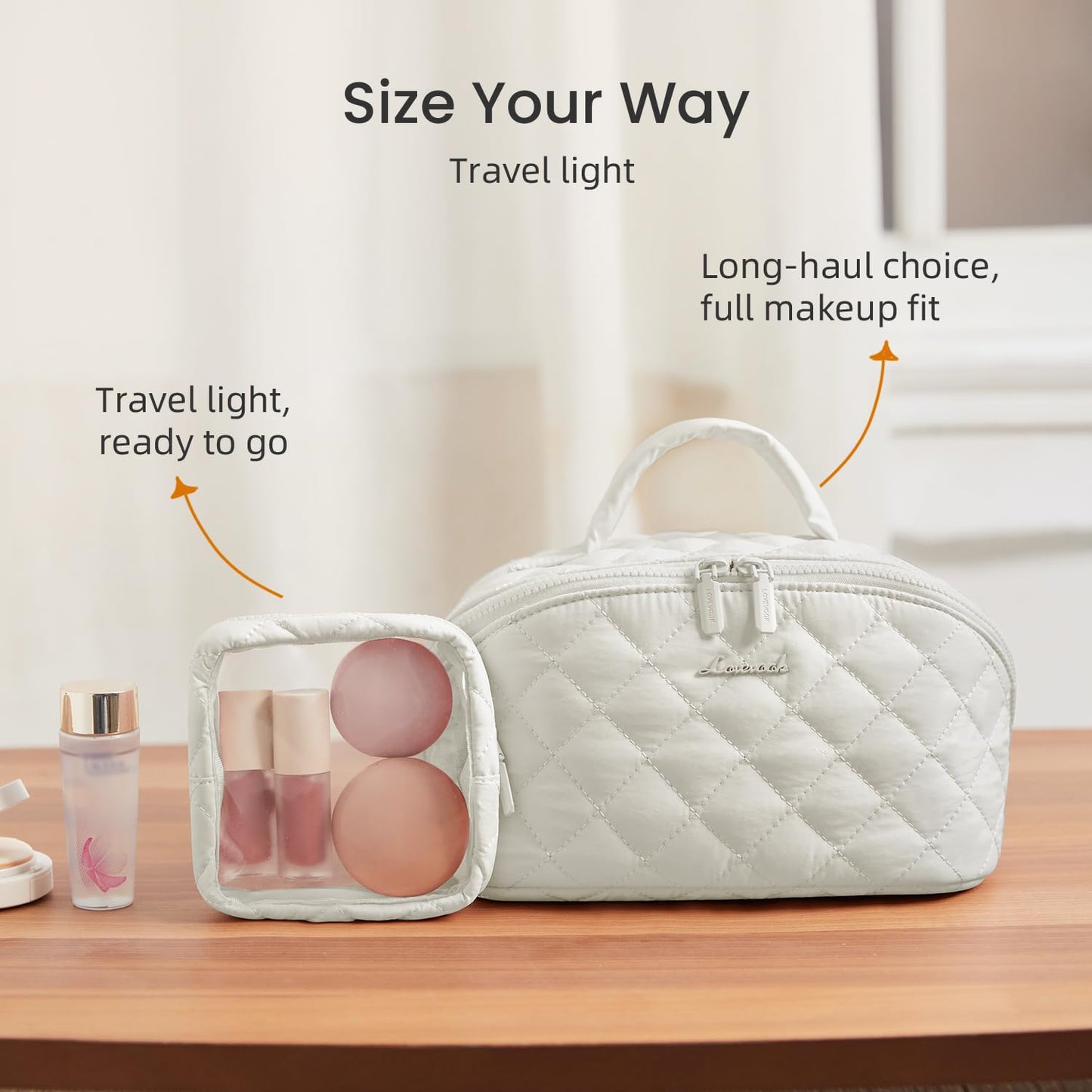 LOVEVOOK Travel Makeup Bag for Women, 2Pcs Puffer Waterproof Cosmetic Organizer, Large Capacity Pouch Open Flat Small Toiletry Bag with Brush Compartment & Handle (Off-white, Medium)