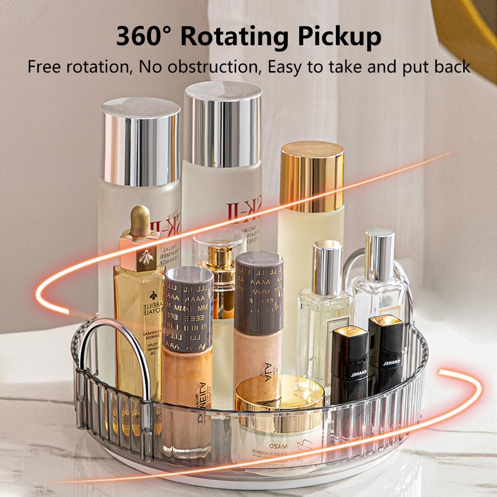 UNICOMVSX Rotating Makeup Organizer for Vanity, Spinning Cosmetics Storage for Bathroom Countertop, Skincare Holder Rack for Facial Cream, Perfume, Lotion, Lipstick (1 Tier, Smoky Grey)