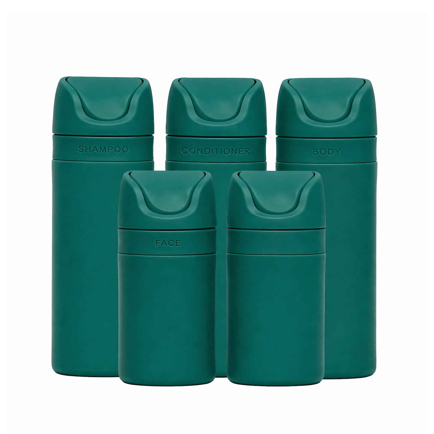 RIES Essential Refillable Toiletry Travel Bottles – Set of 5 (3.4oz & 1.7oz) Airless Pump Containers for Shampoo, Conditioner, Body, Face – Leak-Proof, TSA-Approved, Dishwasher Safe- Escapade Green