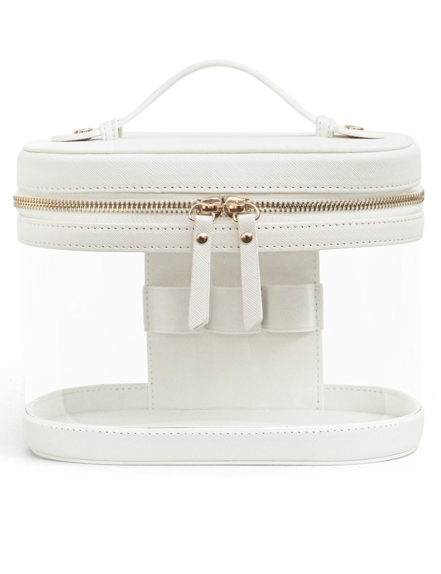 Popvibe Clear Makeup Train Case Vanity Bag Make Up Travel Bag with Brush Holder, Compact Transparent Makeuo Bag for Traveling Leather Cosmetic Case Portable Travel Essentials Toiletry Organizer White