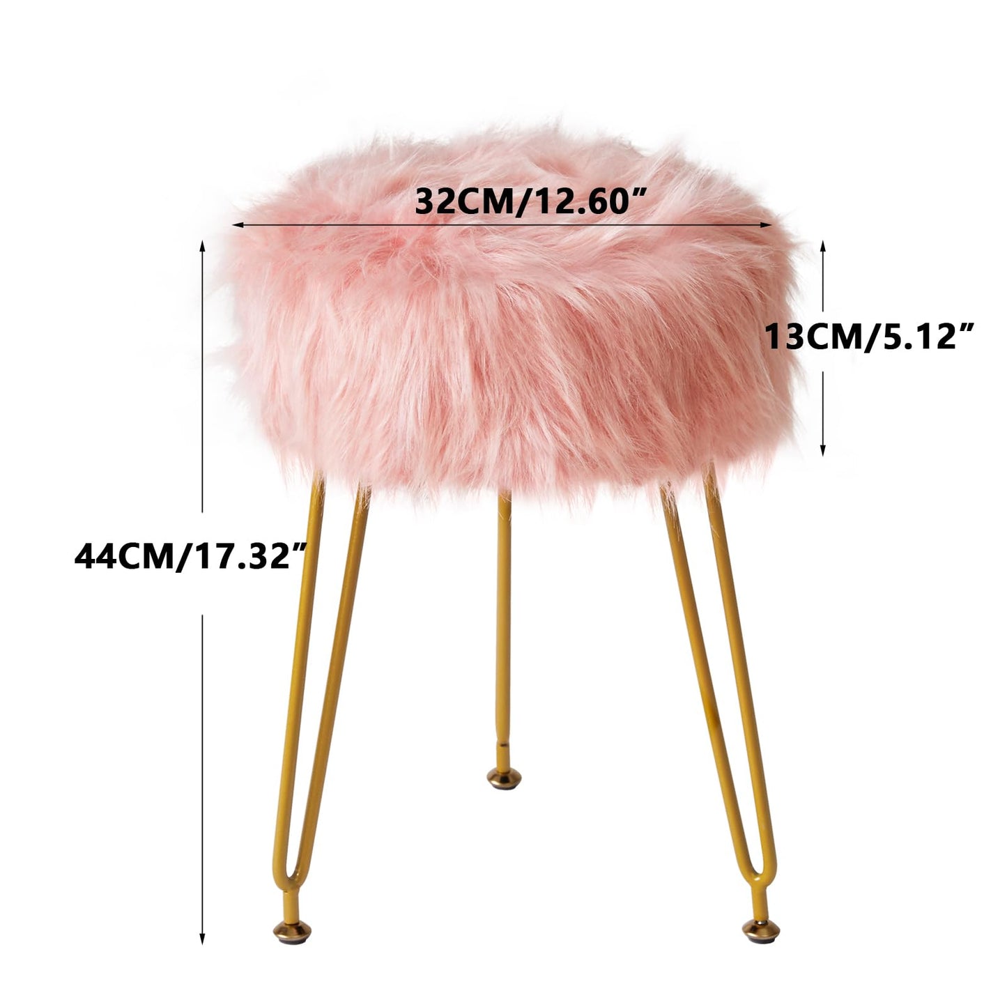 IBUYKE Faux Fur Vanity Stool Chair, Furry Makeup Stool Ottoman, Soft Padded Seat, Round Footrest Footstools with 4 Metal Legs, for Living Room Bedroom Entryway, Pink LG-32P