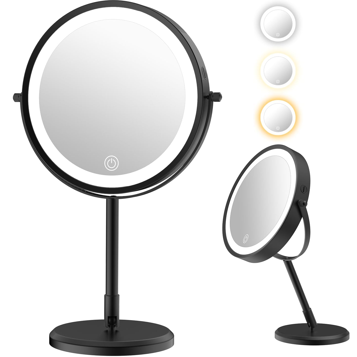 mumianshu Folding Travel Makeup Mirror with Lights and Magnification,7” Double Sided 1X/10X Lighted Magnifying Mirror with Rechargeable Battery,Brightness Adjustable,3 Color Lighting, Black