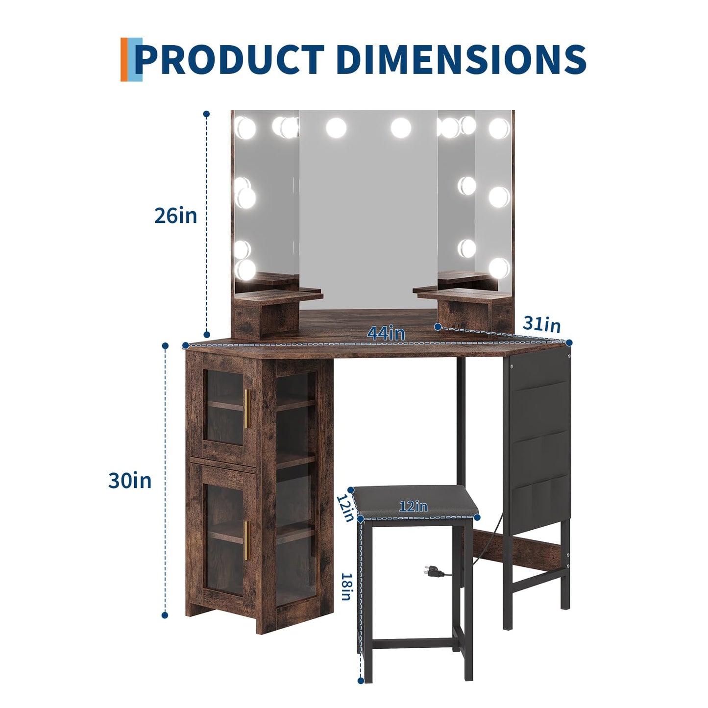 Garvee Corner Vanity Desk and Stool, Corner Makeup Vanity with Light Bulbs Mirror Charging Station and Cabinet for Bedroom, Brown