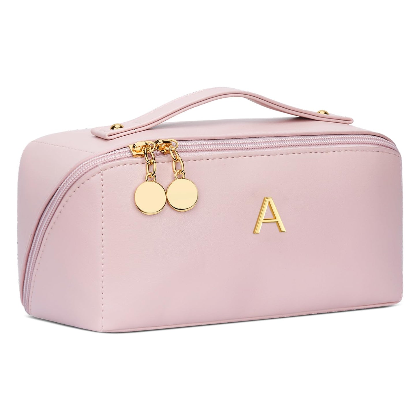 CLOUDWINGS Initial Makeup Bag Gifts for Women Bridesmaid Gifts Travel Toiletry Personalized PU Leather Waterproof Cosmetic Bag (Large-Pink-A)