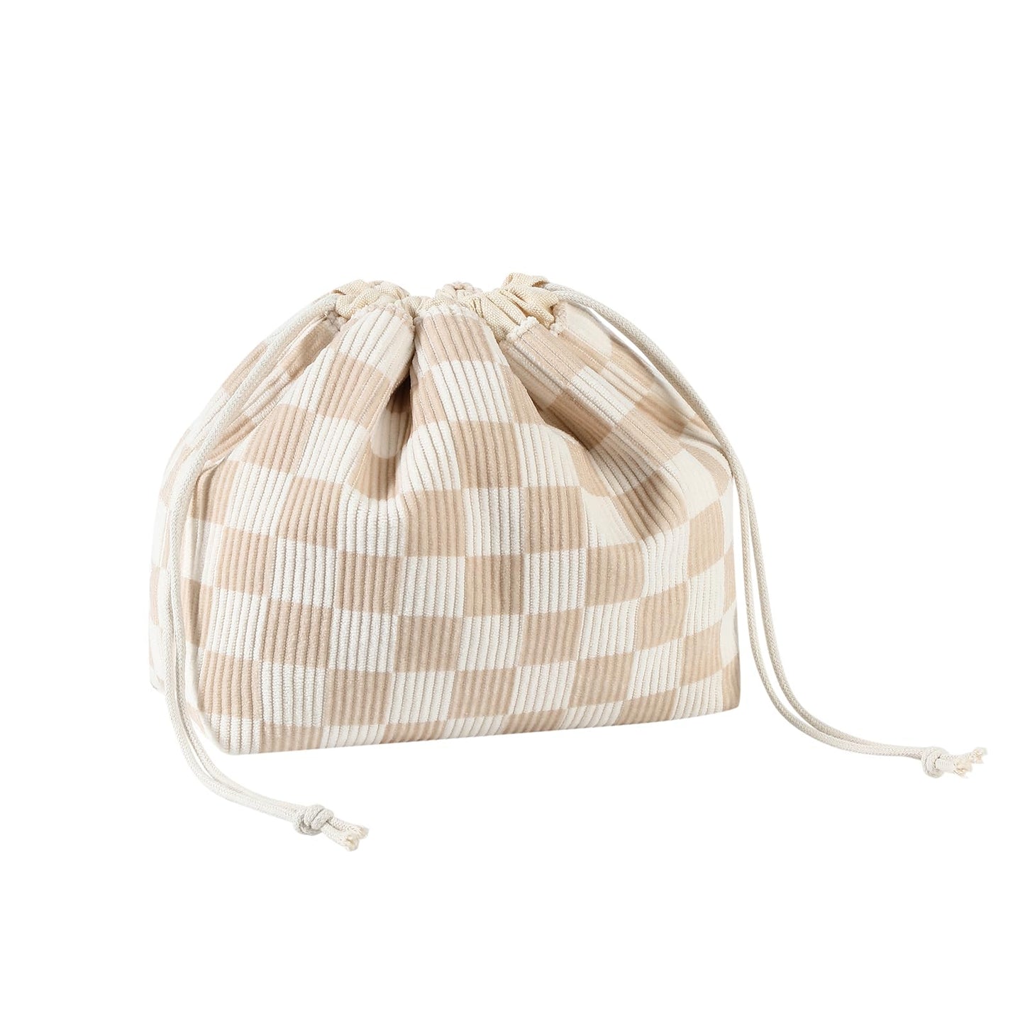 Cotton Quilted Drawstring Makeup Bag with Canvas Lining,Coquette Aesthetic Cute Travel Toiletry Bag,Drawstring Gift Bag for Women and Girls（19 Beige Checker）
