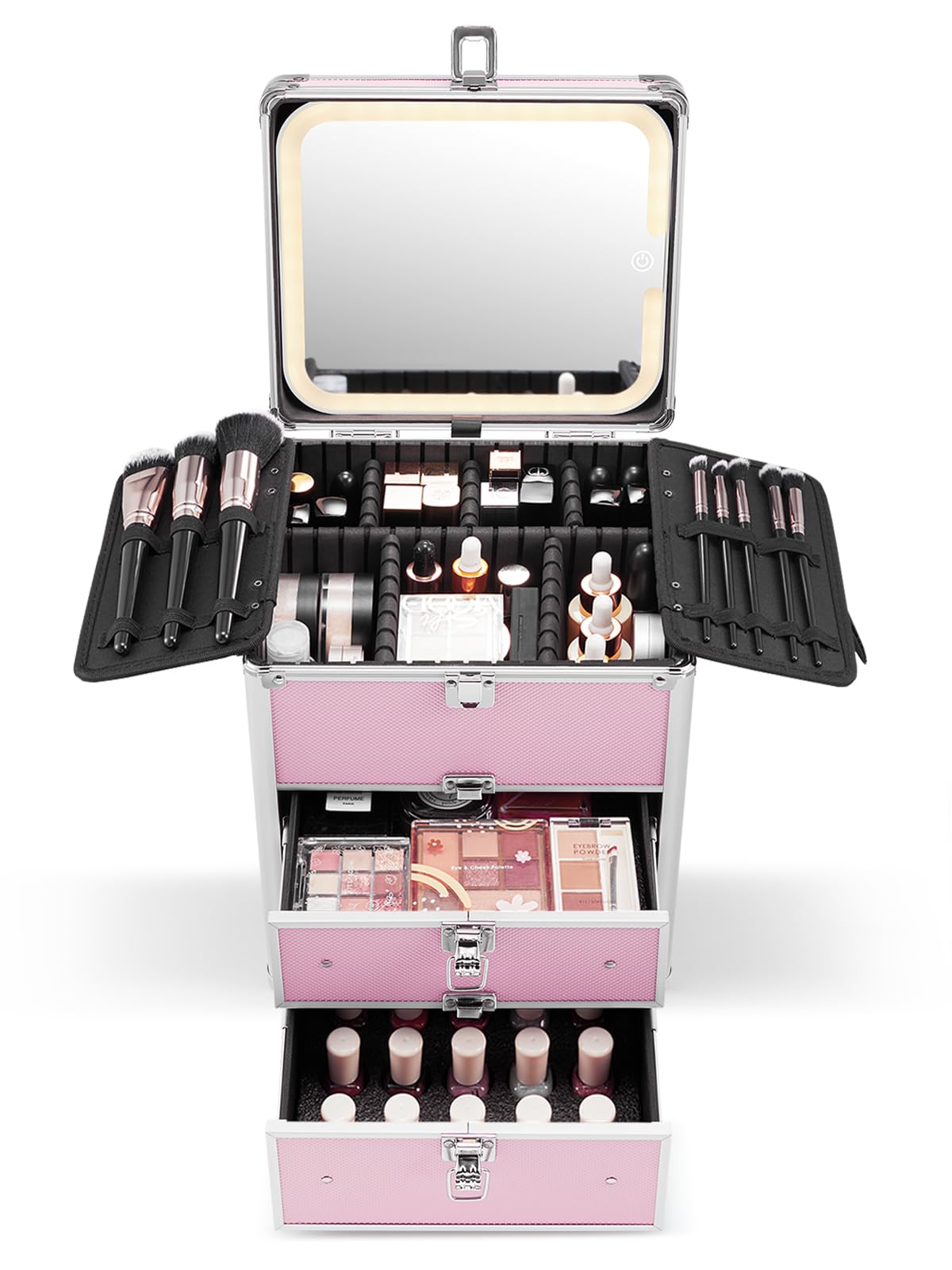 Qislee Makeup Box with Double Drawers and A Detachable Lighted Mirror, Waterproof Travel Train Case, Cosmetic Organizer and Makeup Suitcase with Adjustable Dividers, Magnetic LED Mirror (ICY Pink)