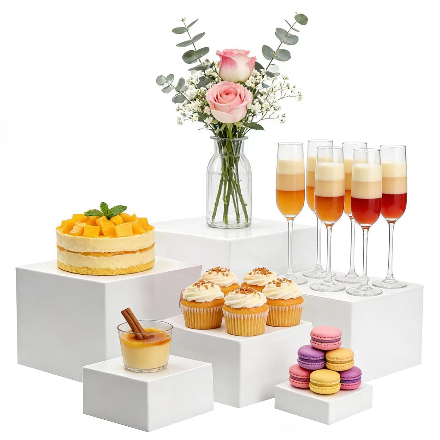 HAIJSEVR 6Pcs Buffet Risers and Display Stands, White Acrylic Dessert Table Display Set for Party, Collectibles Jewelry Catering Cube Boxes with Hollow Bottom (8",7",6",5",4",3")