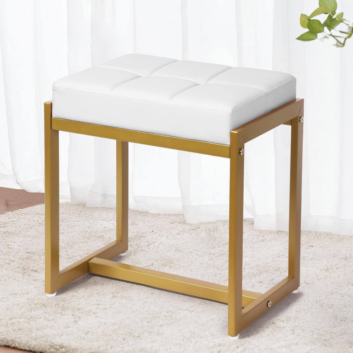 FLYZC Vanity Stool, Vanity Chair Stools for Makeup Room, Faux Leather Small Makeup Bench, Modern Gold Metal Legs Ottoman Foot Rest for Bedroom Living Room, White & Gold