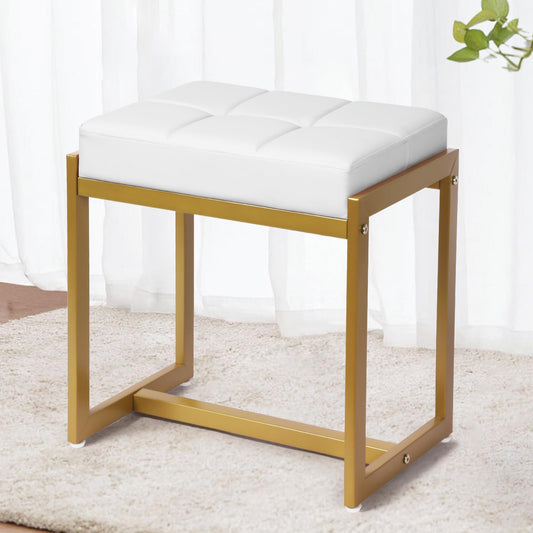 FLYZC Vanity Stool, Vanity Chair Stools for Makeup Room, Faux Leather Small Makeup Bench, Modern Gold Metal Legs Ottoman Foot Rest for Bedroom Living Room, White & Gold