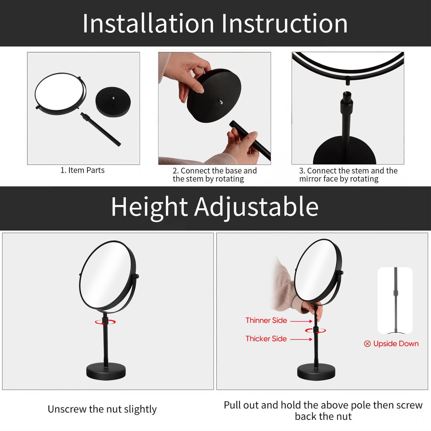 Nicesail Higher Taller Tabletop Makeup Mirror of 8 Inch, 5X Magnified Makeup Mirror Countertop Standing, Height Adjustable, Double Sided Mirror in Matte Black (8 Inch, 5X)…