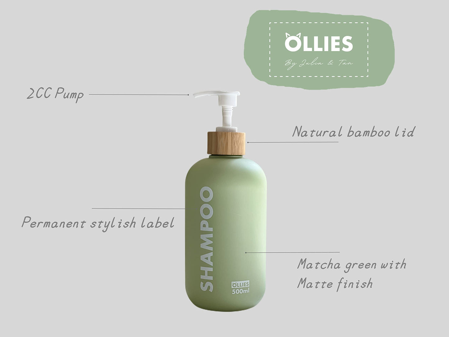 OLLIES Shampoo and Conditioner Dispenser, Shower Soap Dispenser for Bathroom, Set of 3 with Permanent Stylish Label, 17oz, 500ml Refillable Shampoo and Conditioner Bottles Green