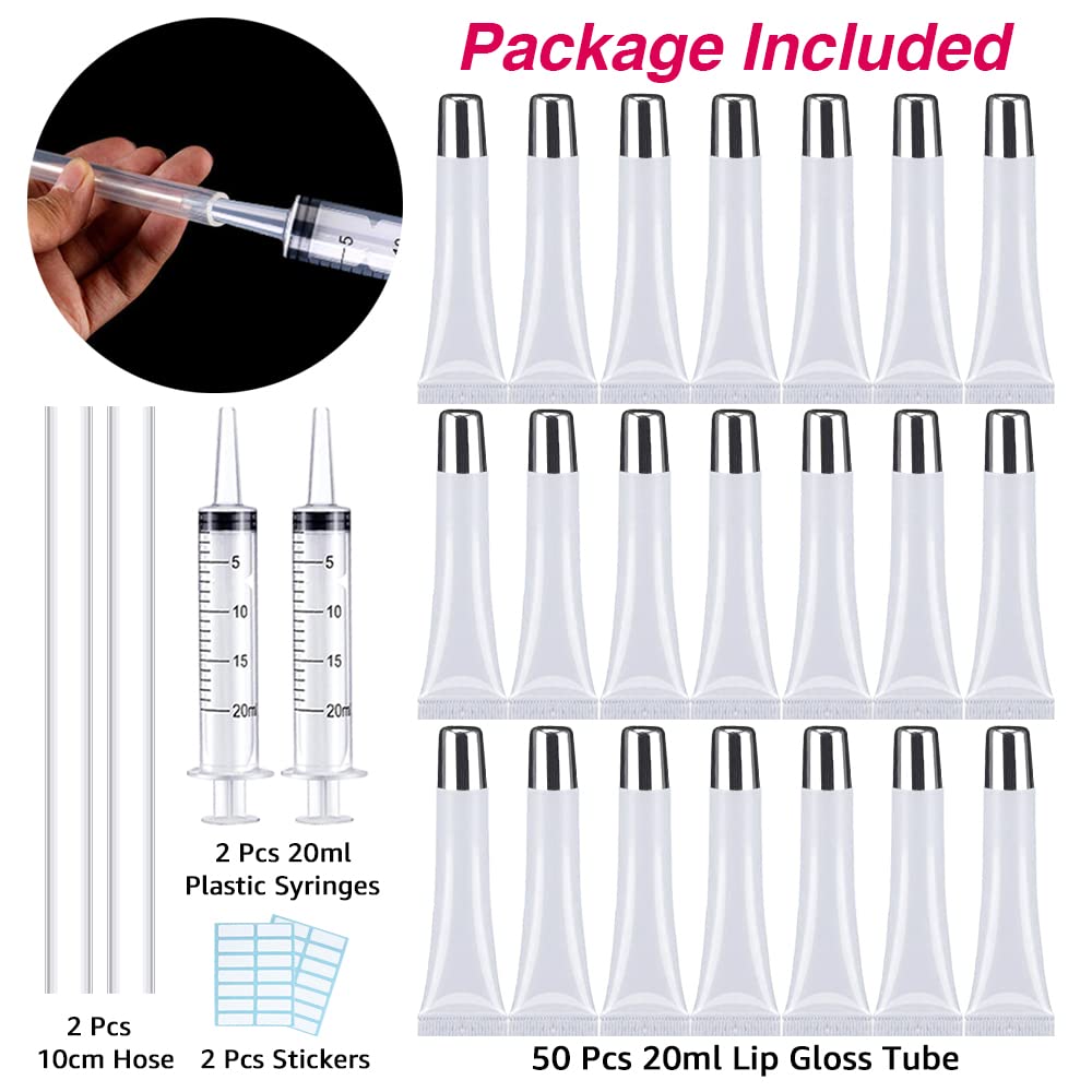 50PCS Silver Cap Lip Gloss Containers - Refillable Cosmetic Squeeze Tubes + 2 x 20ml Syringes & Labels for DIY Lip Gloss Base