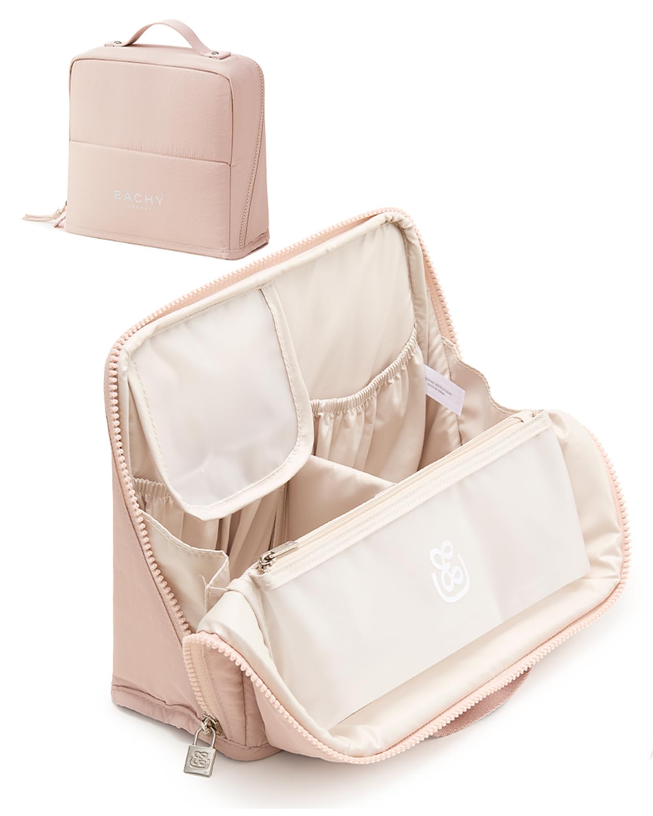 EACHY Standing Makeup Bag - Large Waterproof Cosmetic Bag & Toiletry Bag Organizer with Phone Holder, Detachable Dividers, Wipe-Clean Brush Pouch for Women
