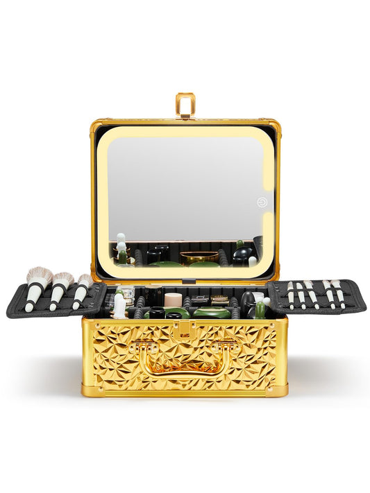 Qislee Makeup Box with A Detachable Lighted Mirror, Waterproof Travel Train Case, Cosmetic Organizer Bag and Makeup Suitcase with Adjustable Dividers, Magnetic LED Mirror (Bling Gold)
