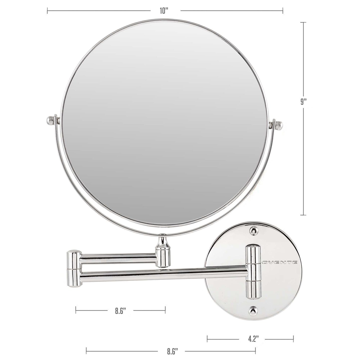 OVENTE 9" Wall Mounted Makeup Mirror with 1X/7X Magnification, Double Sided Magnifying Round Bathroom Vanity Mirror, 360° Swivel Design, Extendable and Folding Arm, Polished Chrome MNLFW90CH1X7X