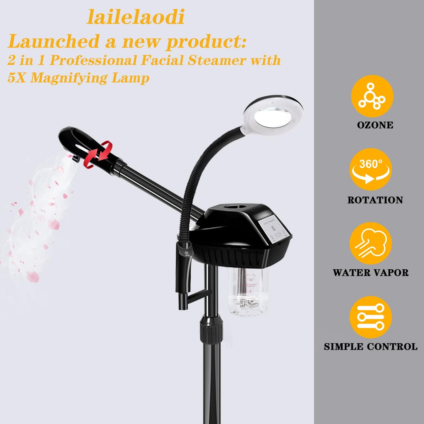 lailelaodi Professional Facial Steamer on Wheels,2 in 1 Face Steamer with 5X Magnifying Lamp and Ozone Function for Home and Beauty Spa Use