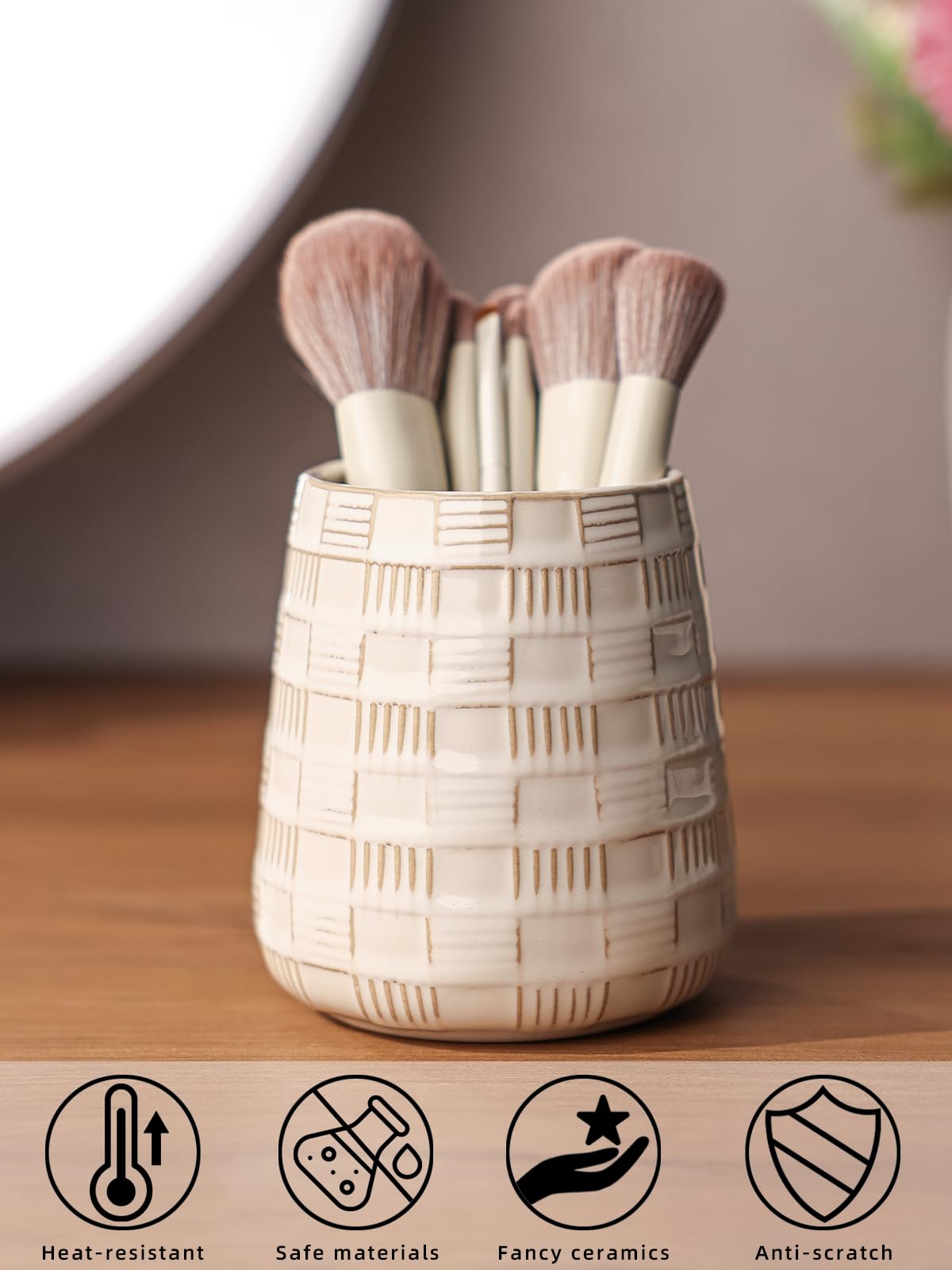 QUXIJA Makeup Brush Holders Bathroom Vanity, Ceramic Brushes Cup (Vintage White)