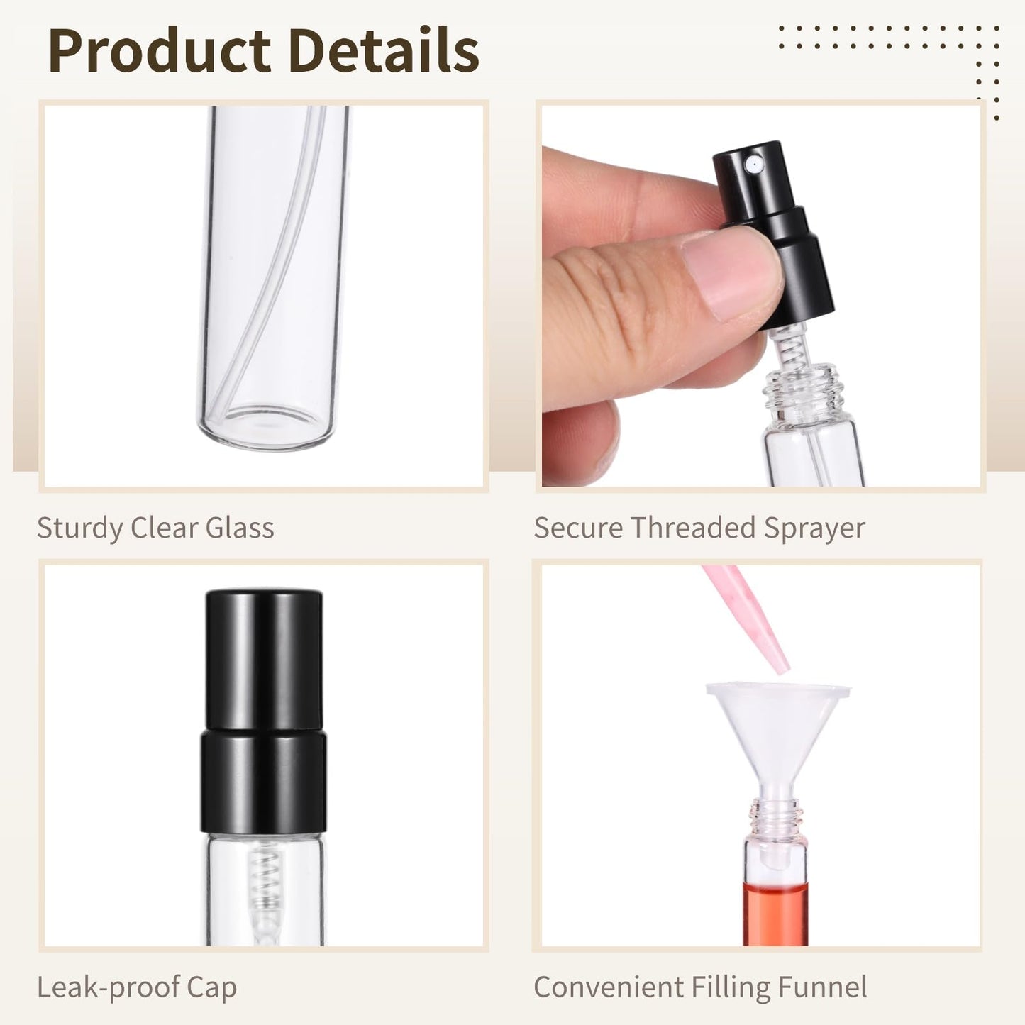 50 Pcs 10 ml Perfume Bottles - Refillable Glass Mini Spray Bottles, Portable Travel Sample Containers, Fine Mist Atomizers with Caps, Includes 2 Funnels and 2 Dispensers, Ideal for Liquids, Black