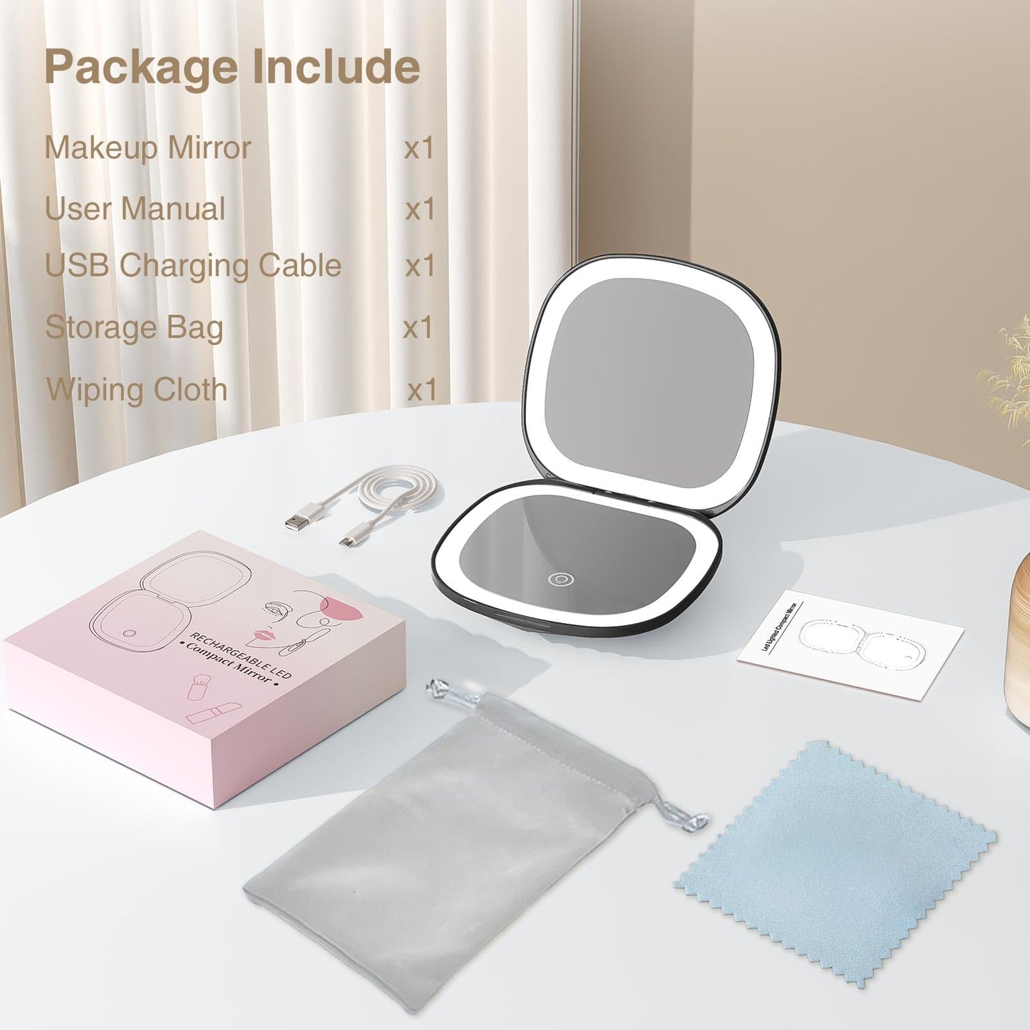 Poryled Travel Makeup Mirror with Light, 10X/1X Magnifying Compact Mirror for Purse, Portable Double Sided Folding Pocket Size, Dimmable LED & USB Rechargeable(Black)
