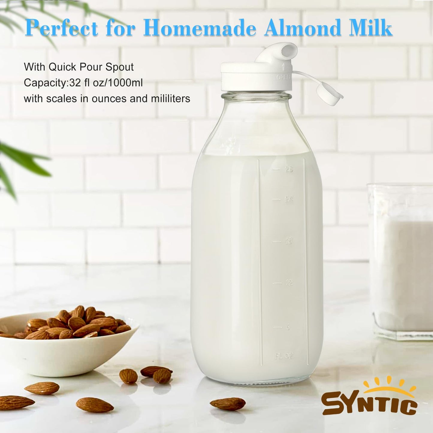2 Pack Glass Milk Bottle with 2 Dispenser Caps, 100% Airtight Heavy Duty Screw Lid. 32 Oz Reusable Glass Water Jug with 3 Lids! Breast Milk Pitcher, Buttermilk, Nut, Juice, Syrup, Coffee Creamer