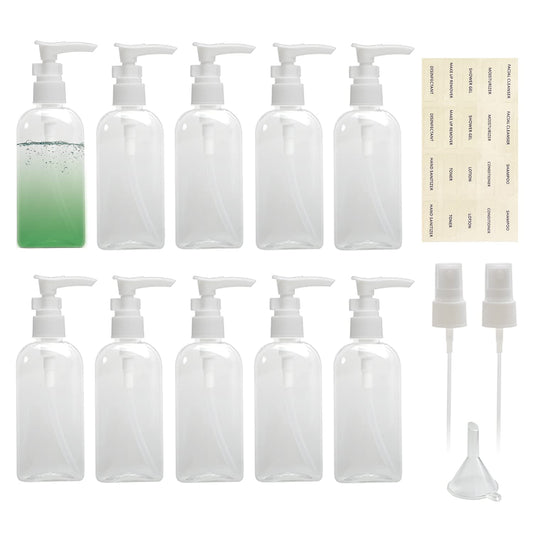 Tancano 10pcs Travel Dispenser Set, 3.4oz Clear Plastic Bottles with Pump & Mist Sprayer & Small Funnel & Labels for Soap/Shampoo/Conditioner/Body Wash