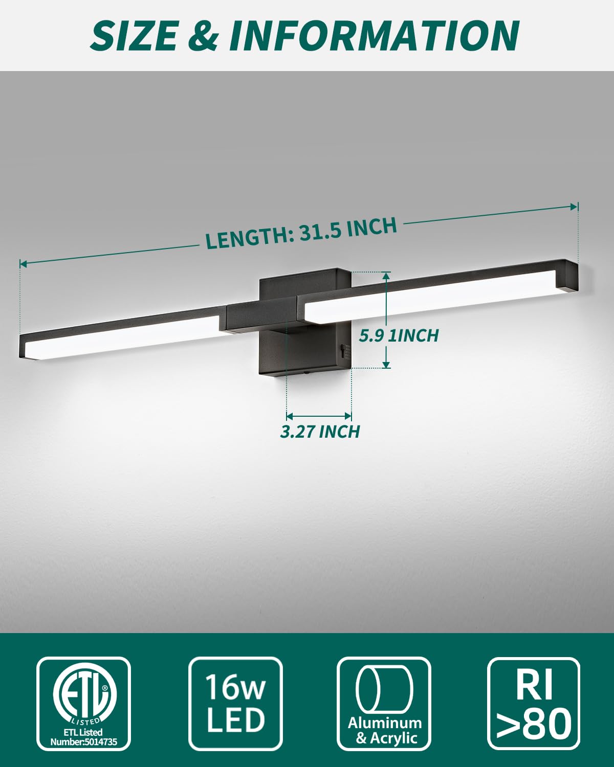 OKELI Modern Bathroom Light Fixtures Over Mirror, 32 Inch Matte Black Vanity Light Bar for Bathroom, 16W 5CCT Diammable Wall Light
