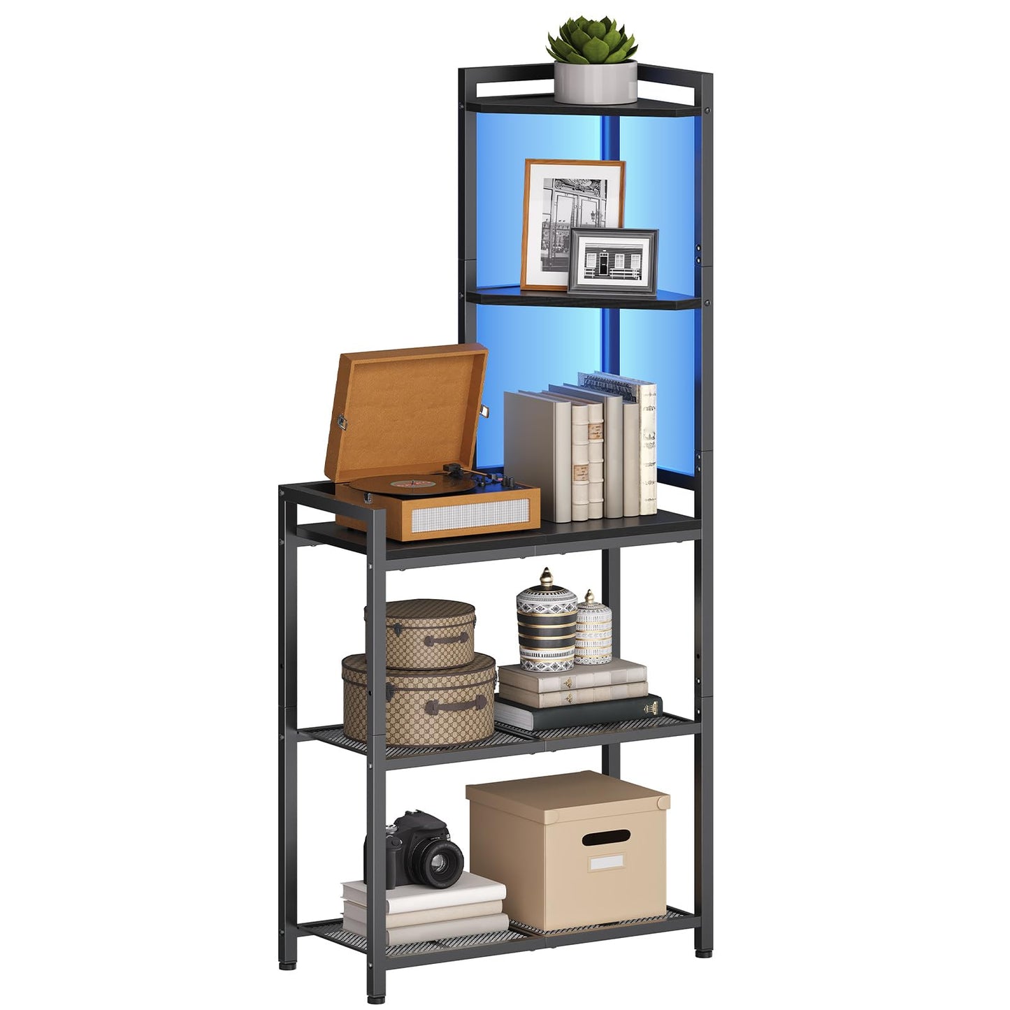 HOOBRO 5-Tier Corner Shelf Stand, Corner Shelf with LED Light, 56.3" Tall Corner Bookshelf, Display Rack Storage Organizer with Table, for Small Spaces, Living Room, Entryway, Black BB69DCJ01