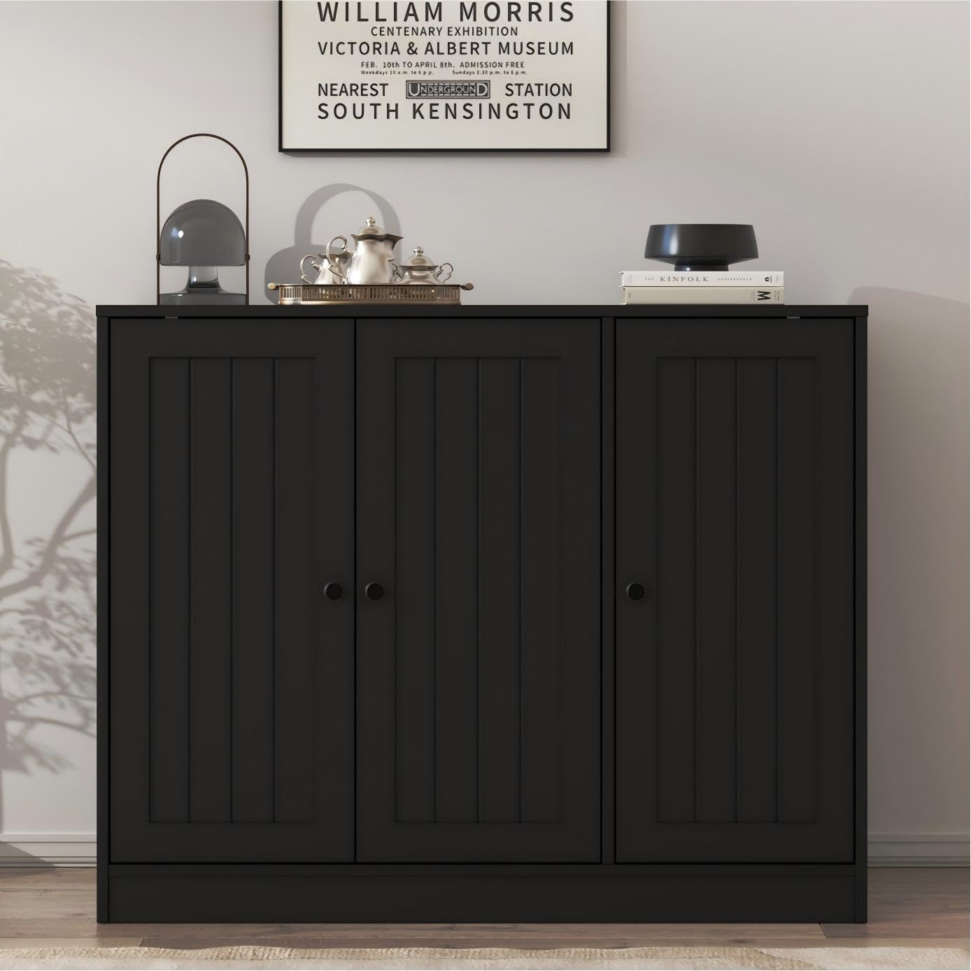 Furnify Buffet Cabinet with 3 Door, Kitchen Storage Cabinet with Adjustable Shelf, Coffee Bar Accent Cabinets for Living Room, Entryway, Black