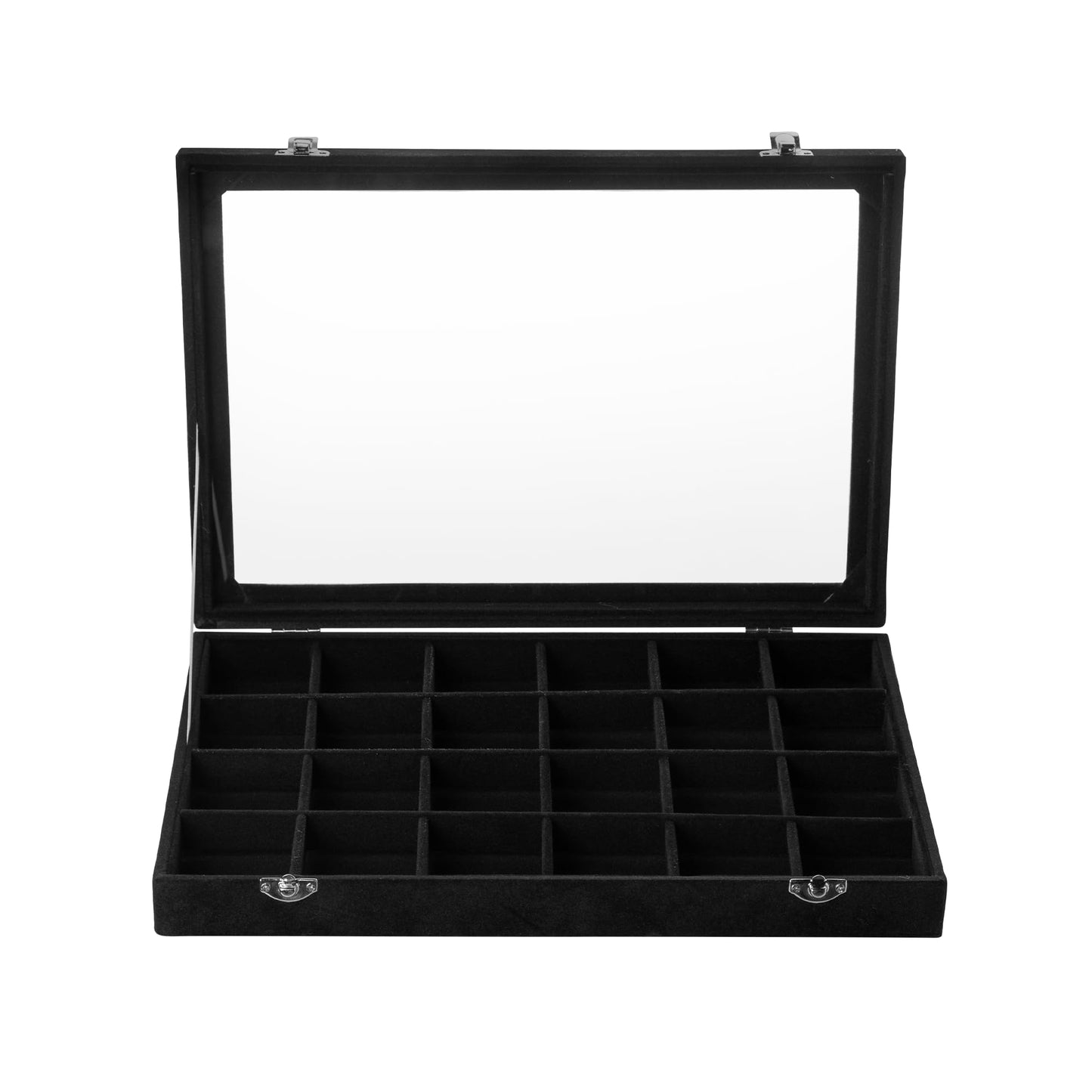 Frebeauty Velvet Jewelry Tray,24 Grid Jewelry Organizer with Clear Lid,Earring Holder Organizer with Clasp,Drawer Insert Rings Pendants Brooches,13.8 x 9.5 x 2 Inches,Gift for Women Girls(Black)
