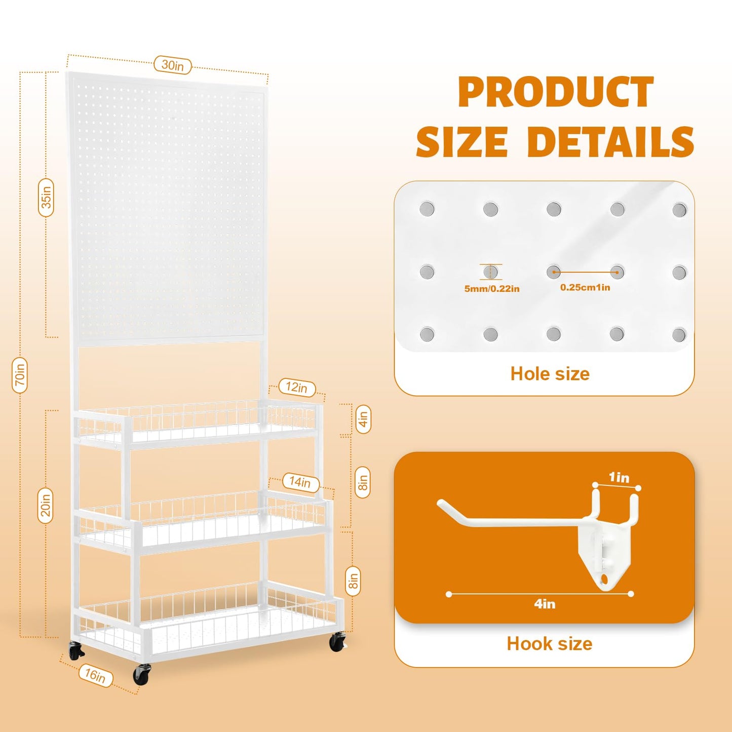 Eastern Tree 3 Tiers Metal Pegboard Display Stand with Pegboard Panel, Standing Pegboard Display Rack, Peg Board Panels, Art Display and Retail Display Stand with 20 Hooks - White