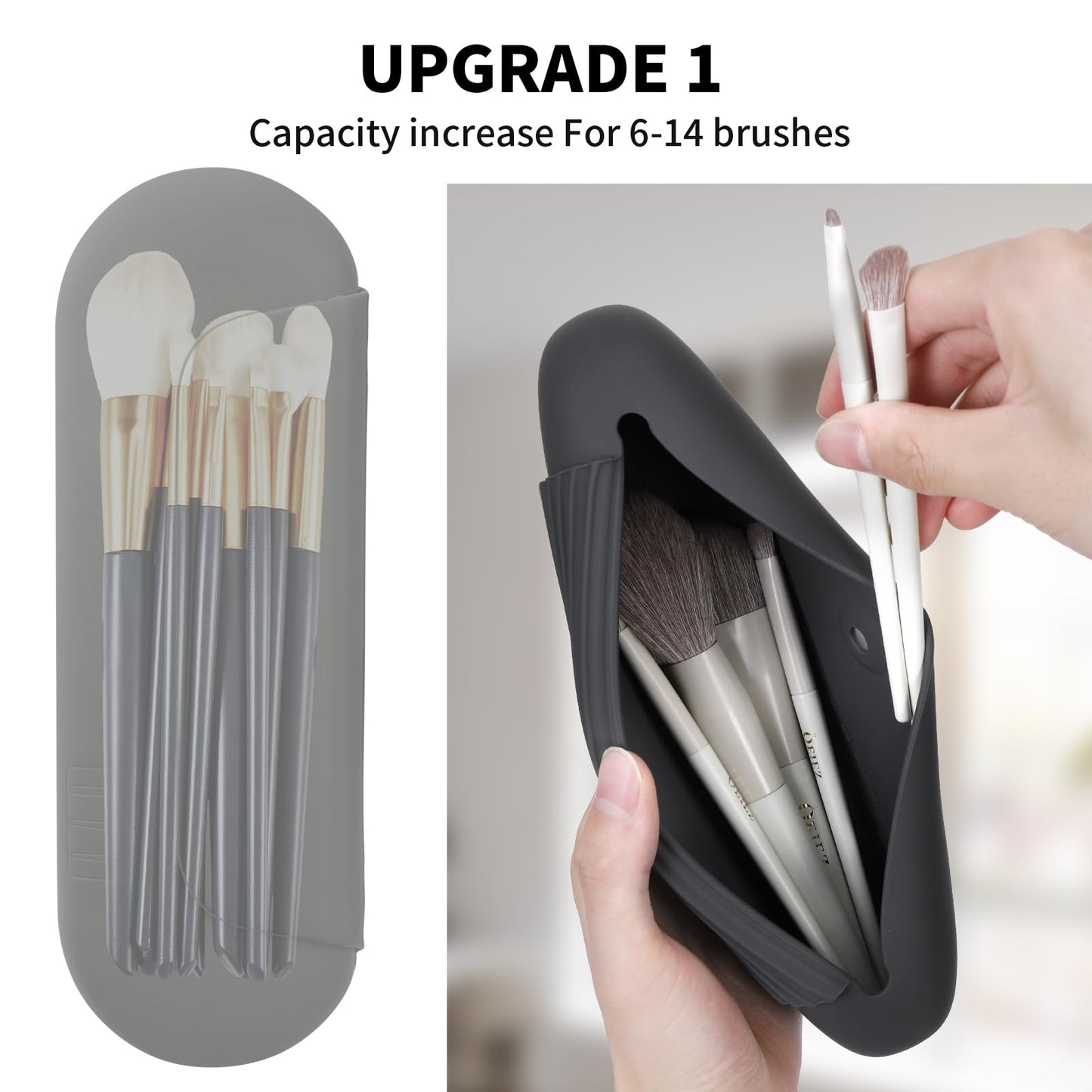 AGIKET Silicone Makeup Brush Holder Travel Cosmetic Bag：Soft Portable Cosmetic Face Brushes Holder with Upgrade Anti-Fall Out Magnetic Closure, Large Travel Makeup Brush Case - Grey