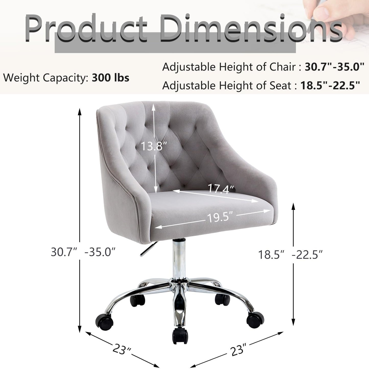 MOJAY Velvet Office Swivel Chair, Vanity Fabric Desk Pretty Fancy Gold Office Chairs for Girls, 360°Swivel Height Adjustable Reception Chair (Grey1)