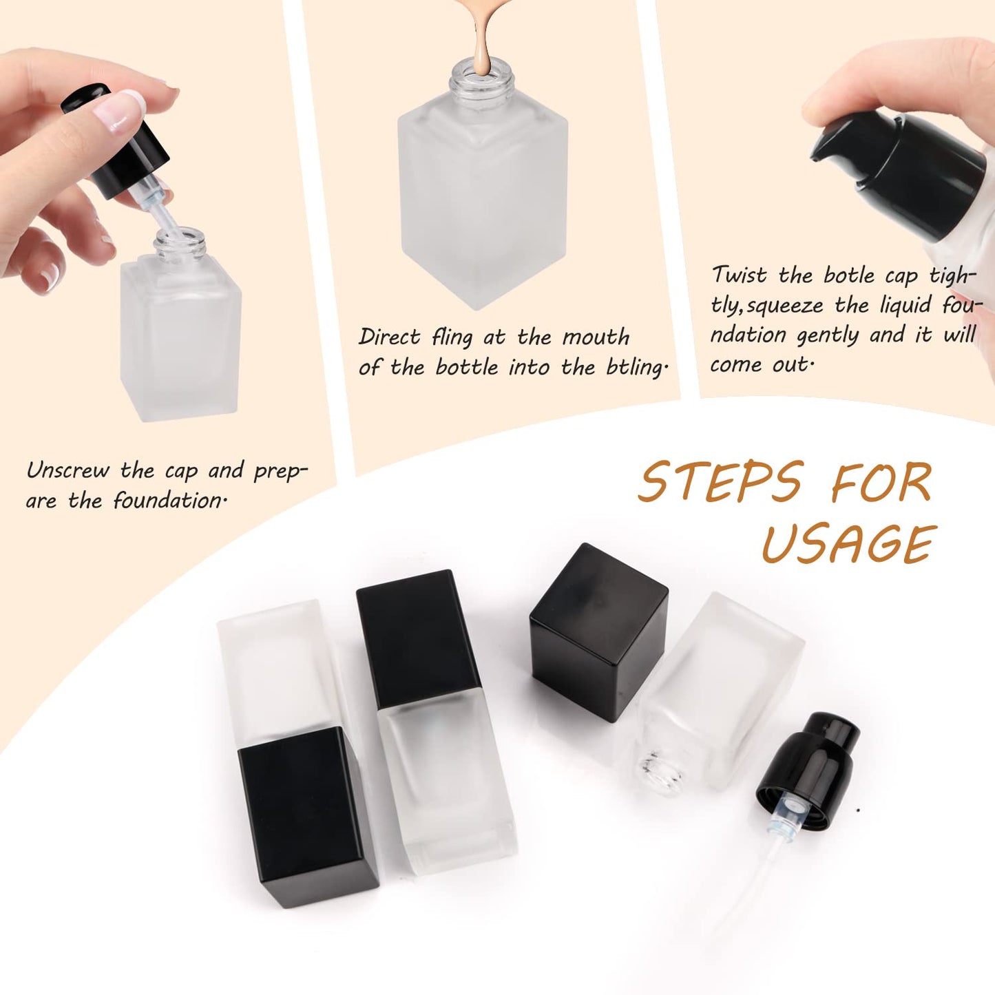 BOSMIOW 6 Pack 15ml Thick Frosted Glass Pump Bottles with Black Pump Head, Empty Square Cosmetic Containers for Foundation, Lotion, Serum, Essential Oil