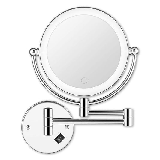 8" Wall Mounted Lighted Makeup Mirror, Double-Sided 1X/5X Magnifying Vanity Mirror with 3 Color LED Lights, Stepless Dimming Touch Control, 360° Swivel & Extendable Arm, Plug-in Powered, Chrome
