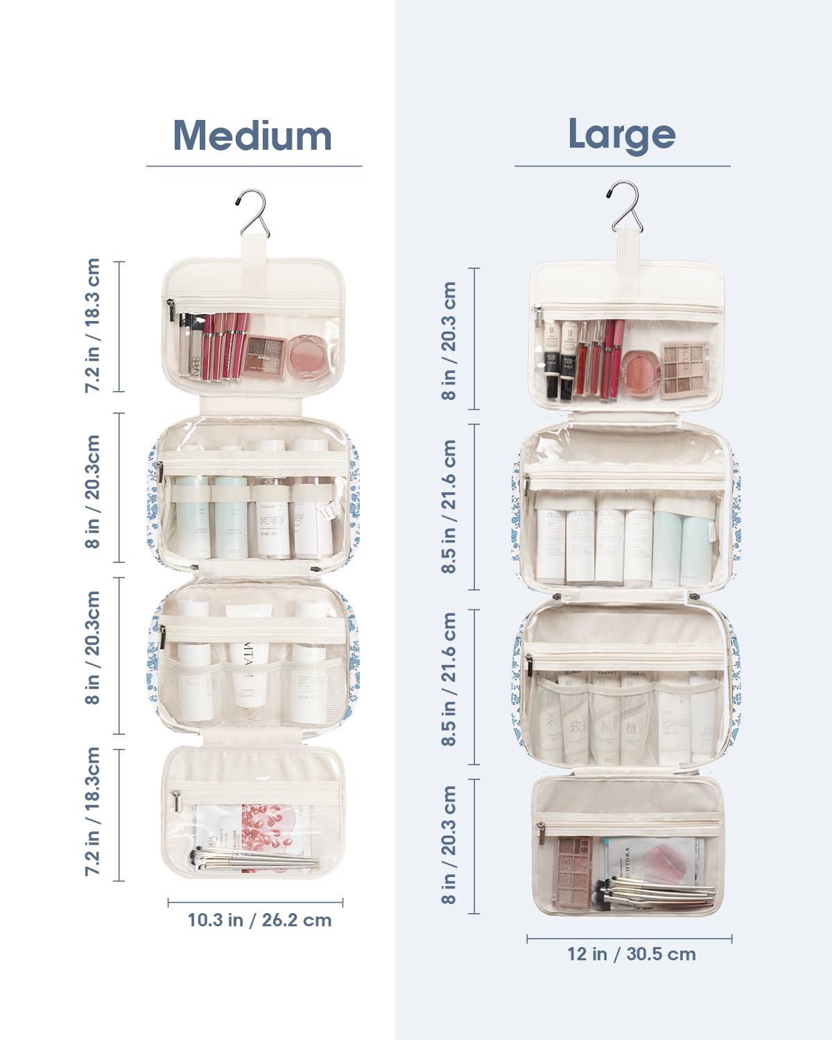 Narwey Travel Toiletry Bag for Women Large Hanging Makeup Bag Organizer Toiletries Bag for Full Size Essentials Accessories Cosmetics (Blue Flower (Large))