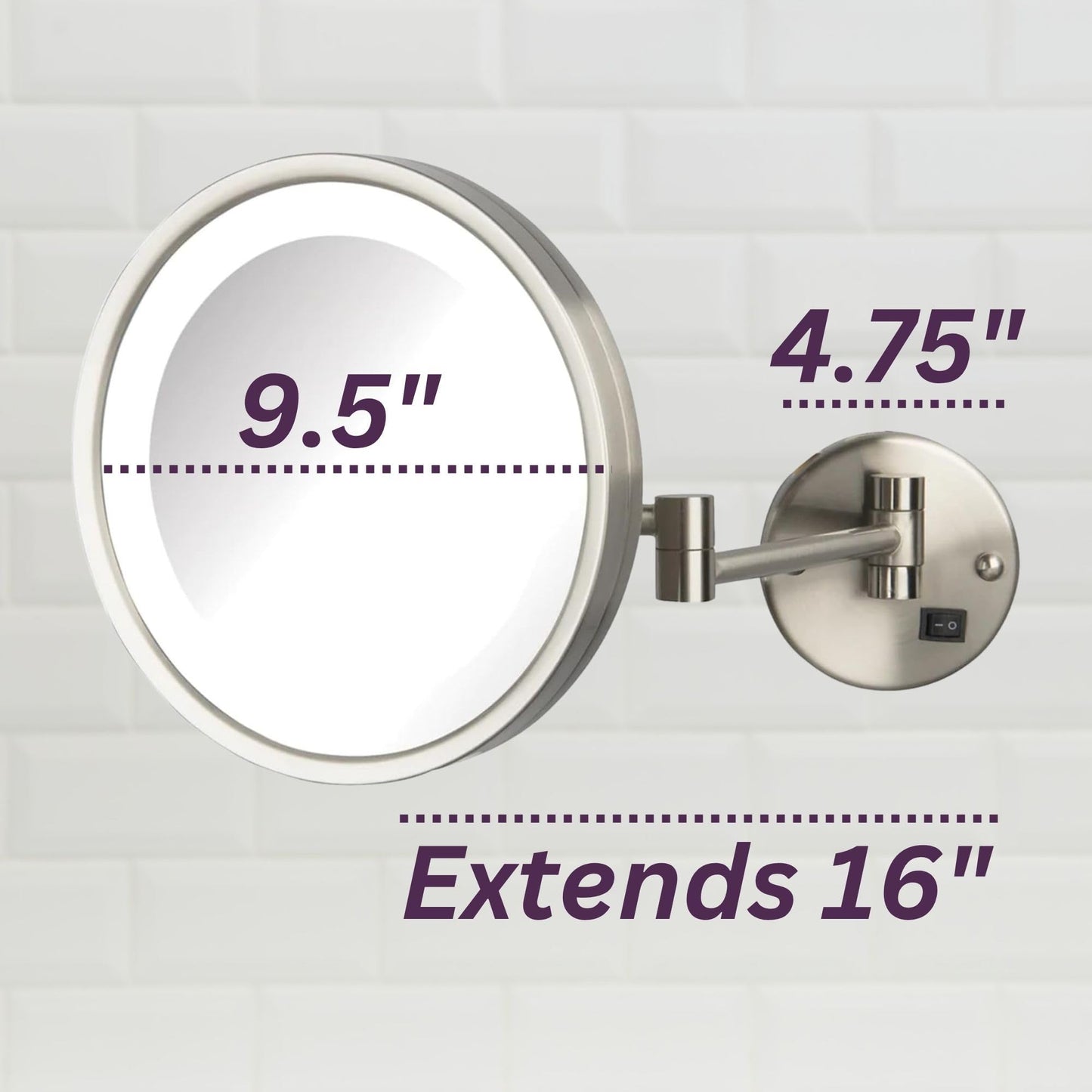 JERDON Lighted Makeup Mirror - Hard Wired Wall Mount Magnifying Mirror with LED Lights - Brushed Nickel Finish - 9.5-Inch Diameter - Model HL1016NLD