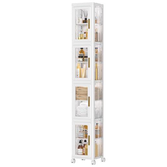 VECELO 4 Tier Tall Plastic Slim Storage Cabinet with Lockable Wheels, Adjustable Shelves, Anti-Tip for Bathroom, Living Room, Laundry Room, Kitchen, Narrow/Small Space, Easy Assembly, Clear