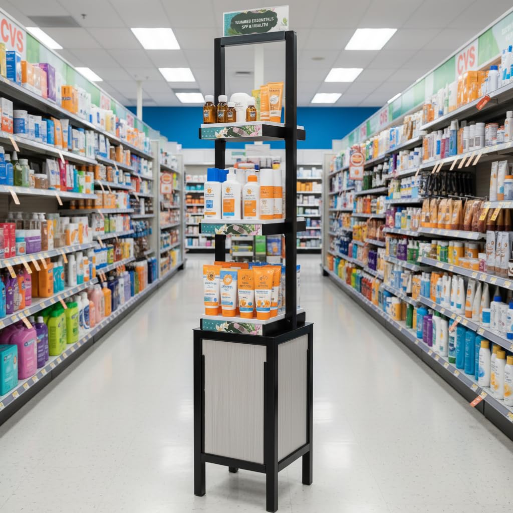 Azar Displays, 655000, Retail Display Tower with 3 Tiers, Tall Cosmetic Shelves, Beauty Display Stand for Salon Retail Products with Signage, No Tools Required, 5 Ft Height, Black Steel