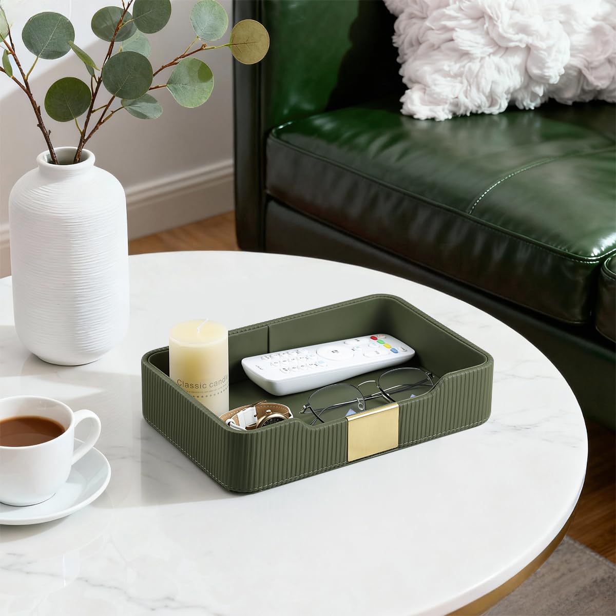 Cretkhp Valet Tray Desktop Storage Organizer, PU Leather Catchall Bedside Vanity Tray with Brass Accents Block Nightstand Organizer for Keys Watch Wallet Phone, Decorative Nightstand Storage (Green)
