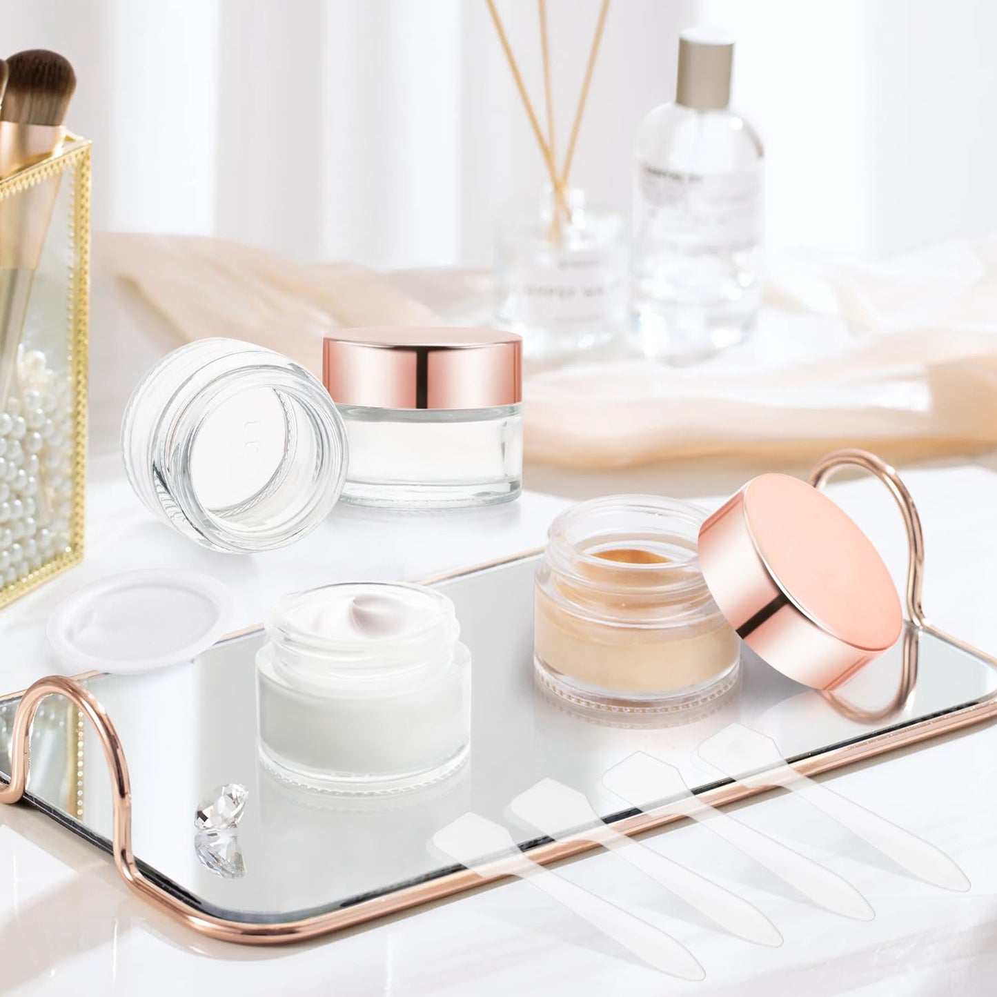 12 Pcs 15g/0.5oz Glass Jars Mini Round Canning Jar Clear Empty Cosmetic Container with Rose Gold Lid for Lip Scrub Cream Lotion Ointments Powder Beads