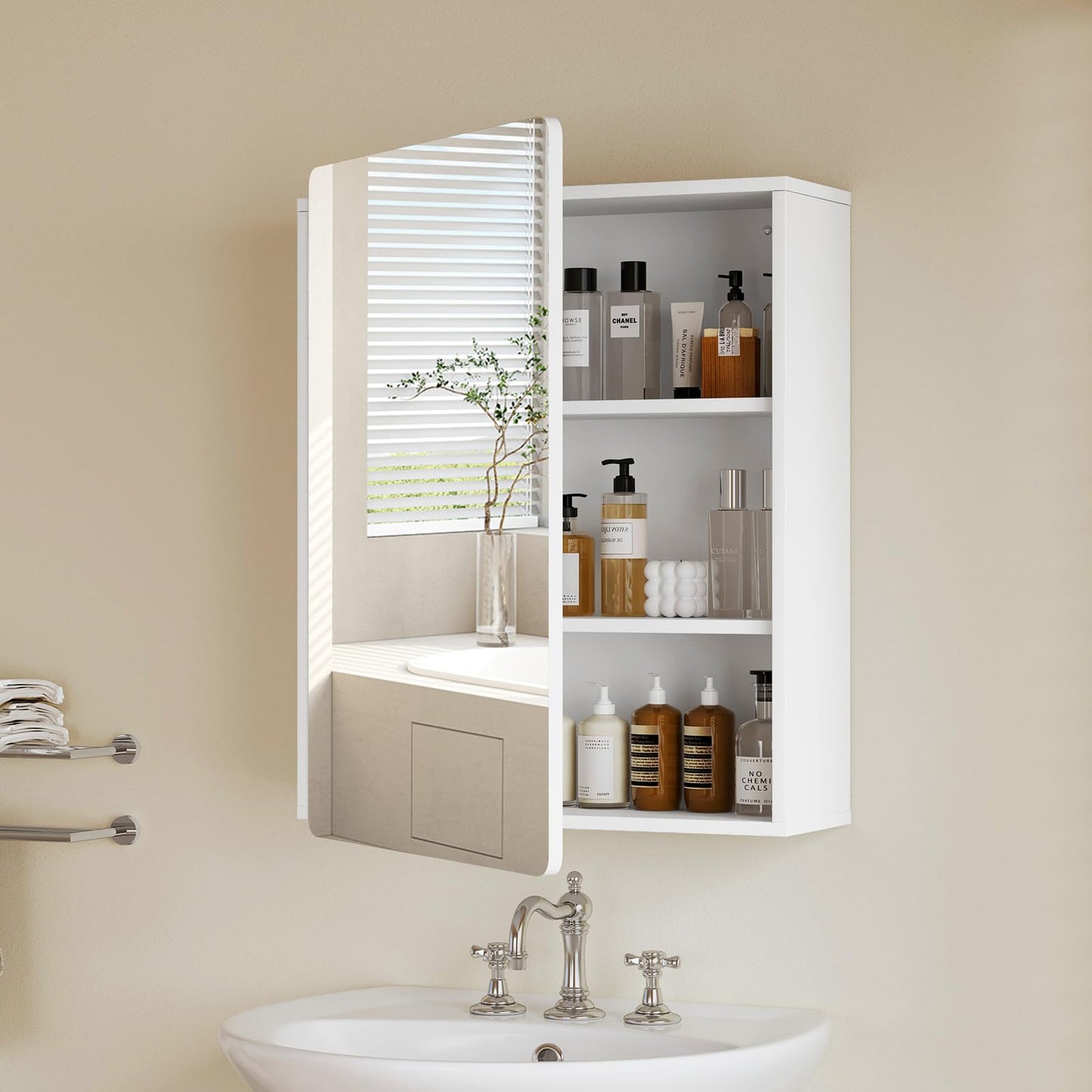 TEENFON Medicine Cabinet Mirror with 2 Adjustable Shelves, Bathroom Mirror with Storage, Recessed or Wall Mount Bathroom Cabinet, White 23.6'' x 17.7''