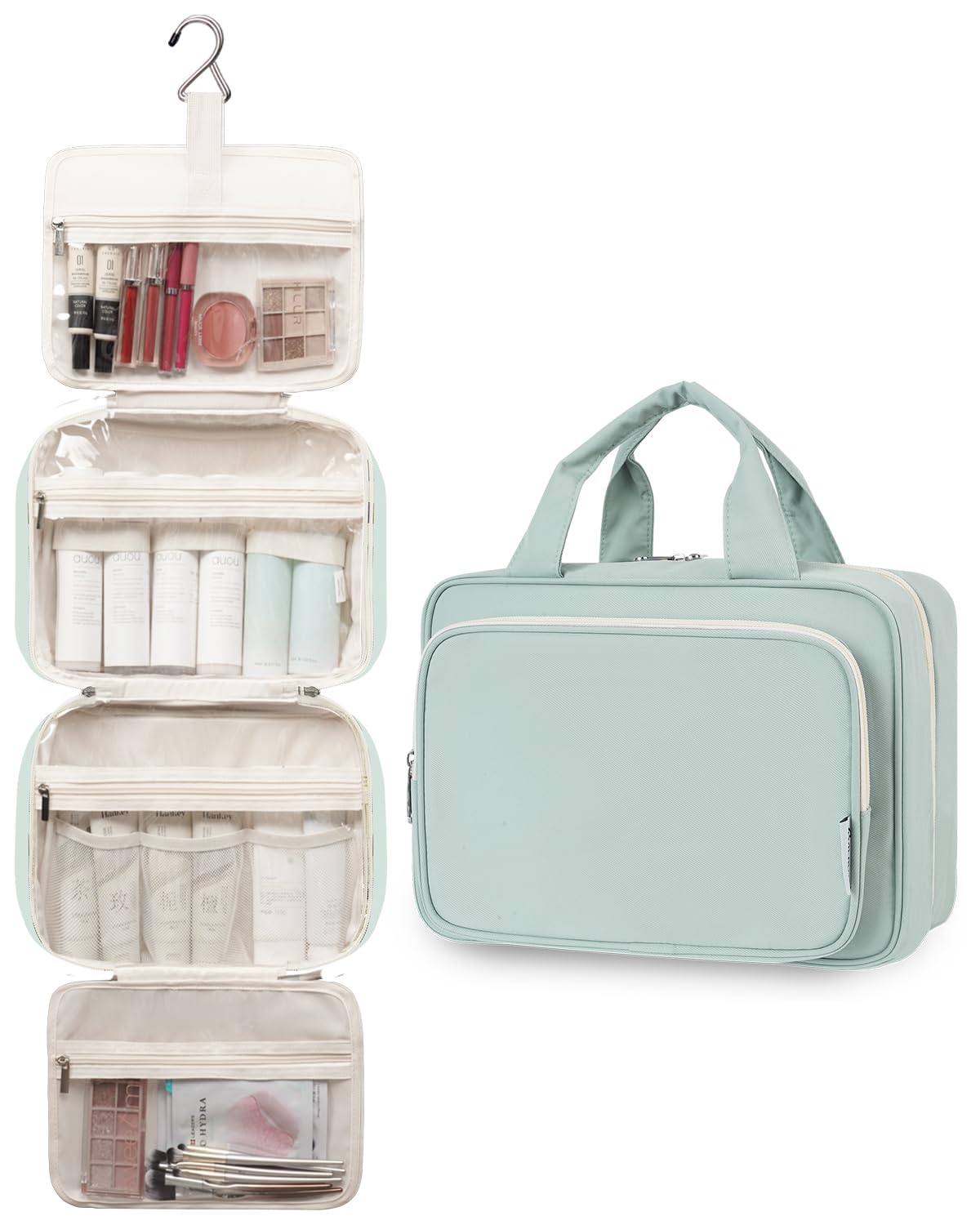 Narwey Travel Toiletry Bag for Women Large Hanging Makeup Bag Organizer Toiletries Bag for Full Size Essentials Accessories Cosmetics (Mint Green (Large))