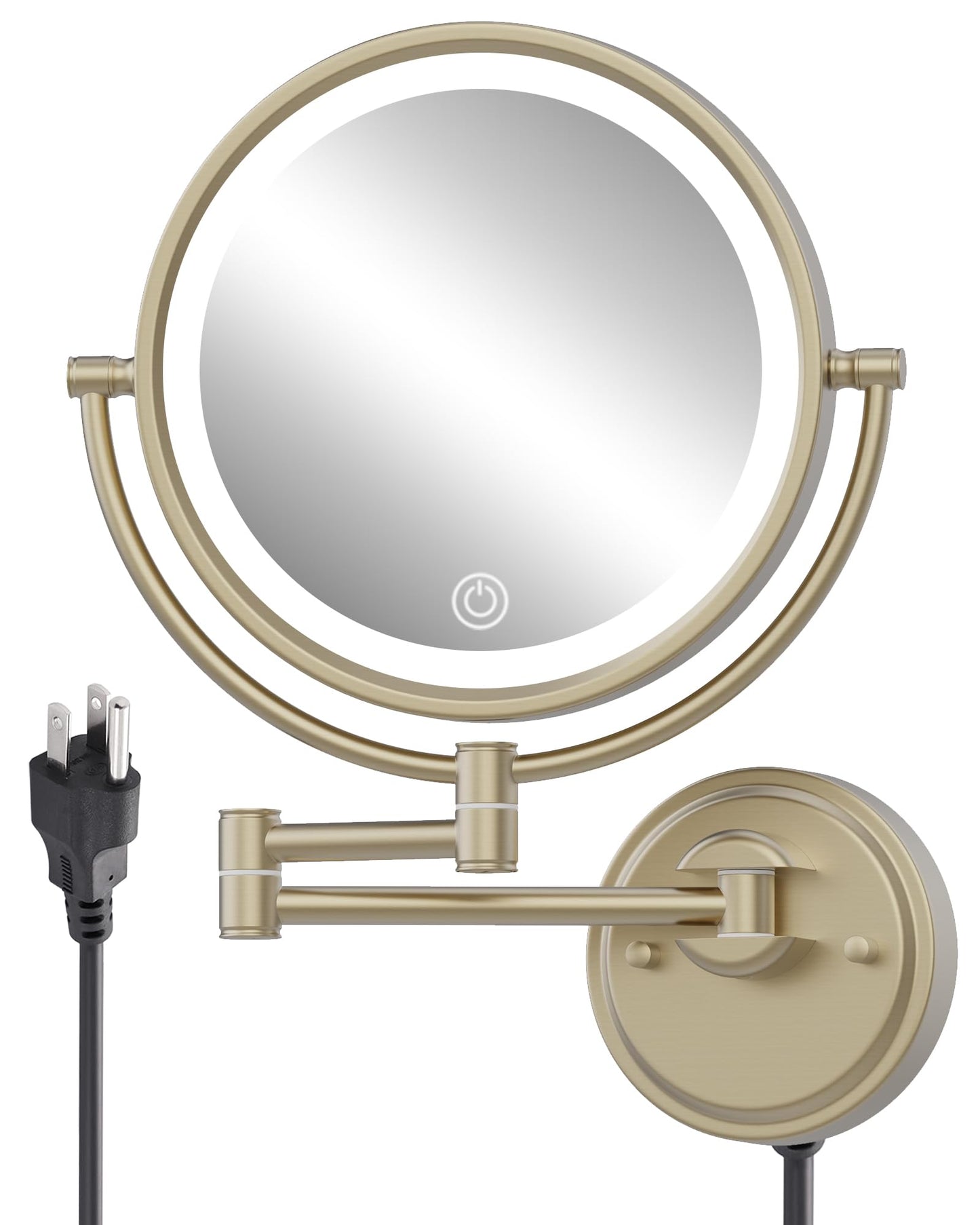 BrassyColux 10" Wall Mount Magnifying Mirror with Light Gold, Plug-in 1X/5X Powered Double-Sided 3 Color Touch Dimmable Extended Arm Cosmetic Light up Mirror for Bathroom, Satin Brushed Gold