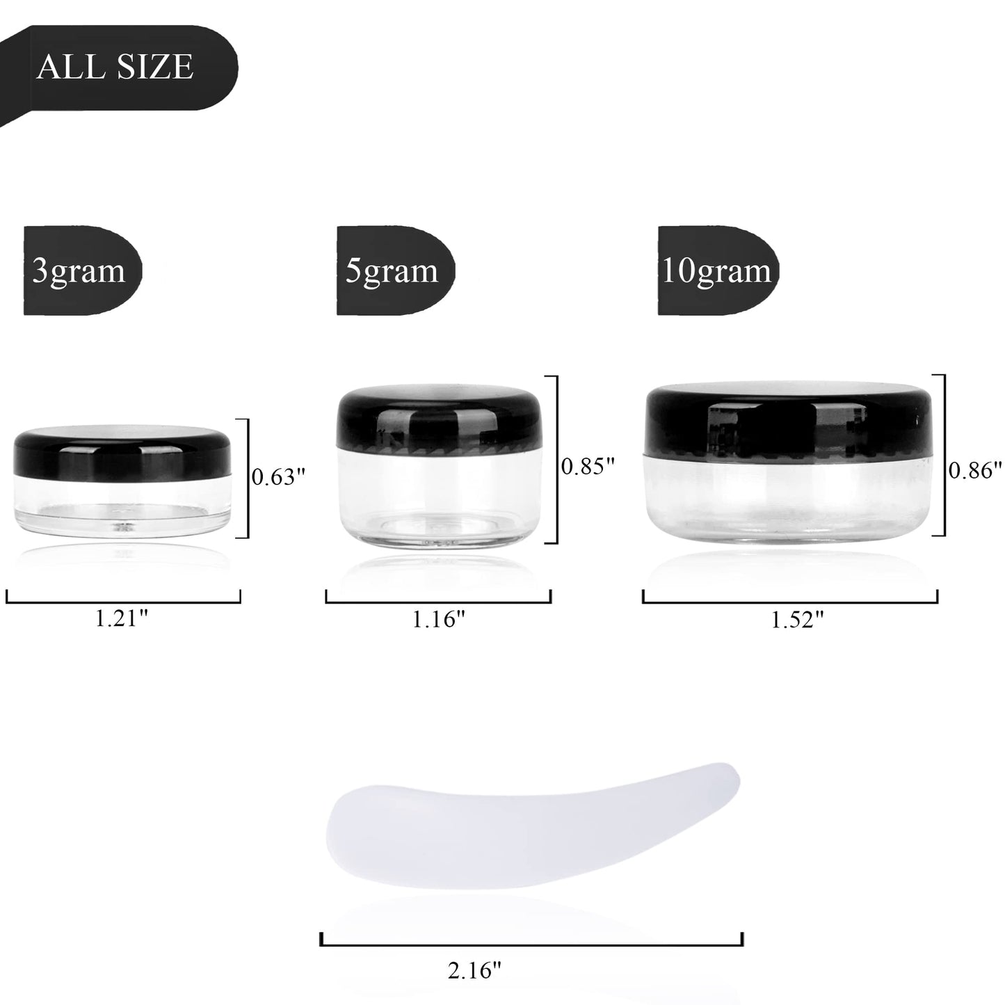 100PCS 3 Gram Sample Containers, 3ml Empty Jars with Lids, Small Cosmetic Containers, Mini Sample Jars with 8PCS Mini Spatulas for Make Up, Oils, Lotion, Powder, Paint, Jewelry, Lip Balms(Black Lid)