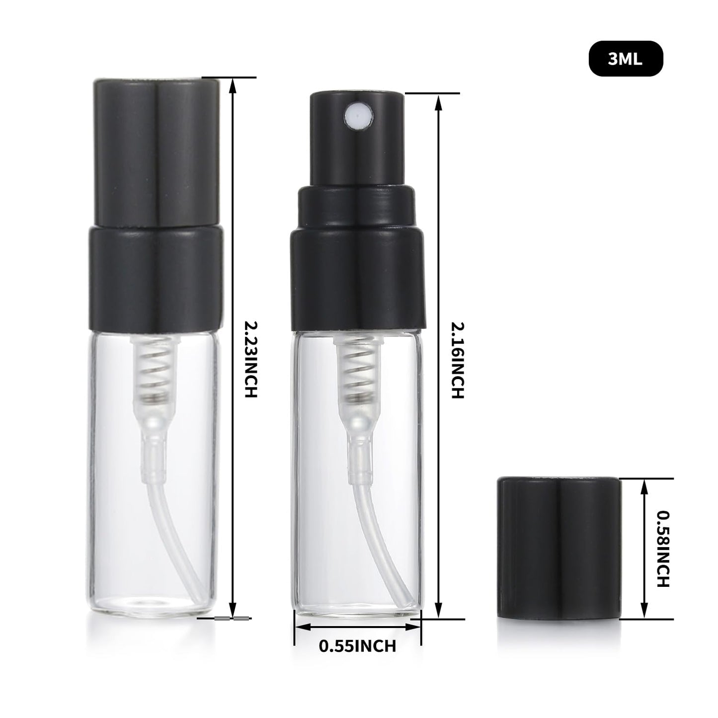 Jxcmeng 20Pcs 3ml Empty Clear Glass Mist Spray Bottle Refillable Mini Perfume Atomizer Travel Sample Bottle with Black Aluminized Nozzle Makeup Container for Perfume (3ml Black Caps)