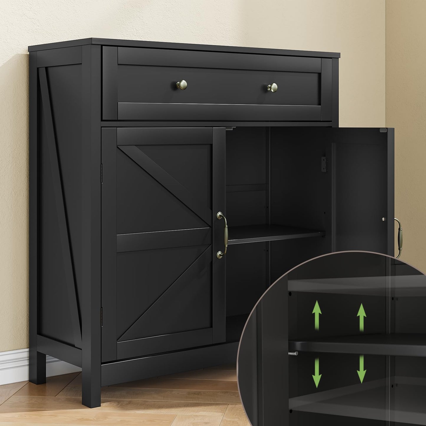 Mino Kesper Buffet Sideboard with 2 Barn Doors,Black Kitchen Cabinet with Adjustable Shelf, Freestanding Floor Storage Cabinet