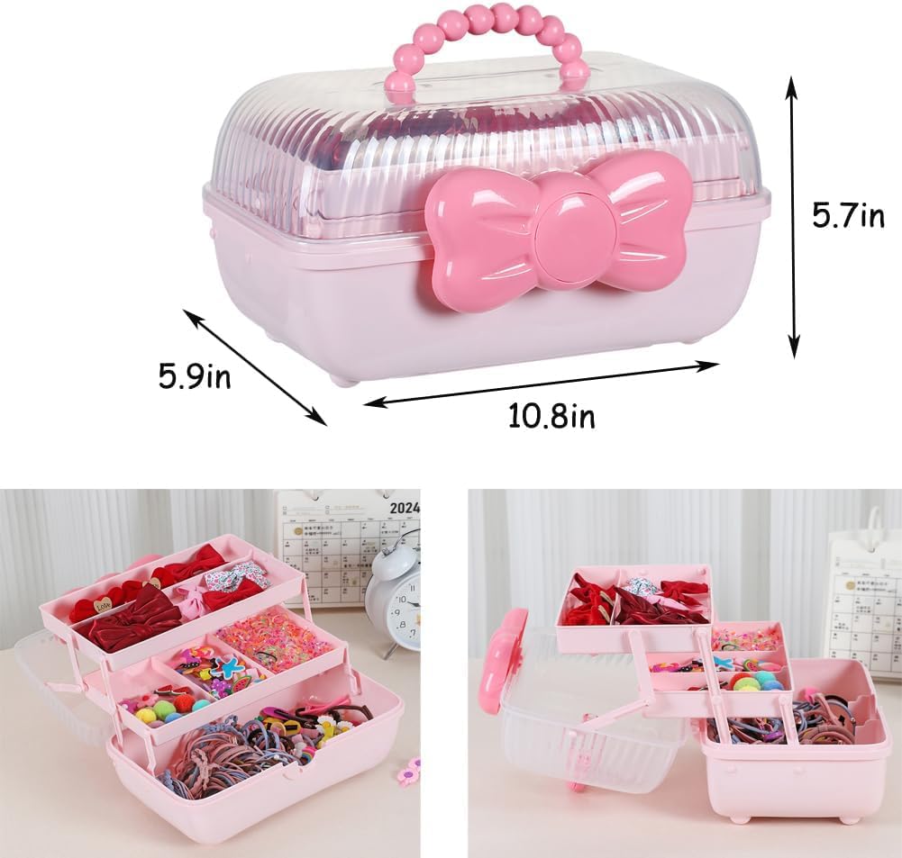 Huniupore Hair Accessories Organizer for Girls Headbands, Clips, Ties Baby Girl Supplies, Lockable Three-layer Folding Craft Organizers and Storage Plastic Jewelry Box,10.8 * 5.9 * 5.7in (Pink)